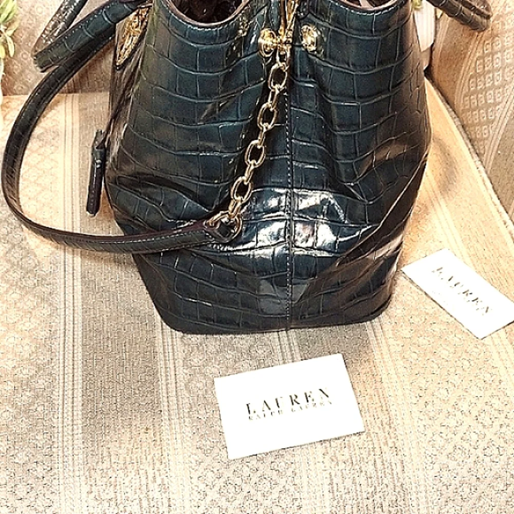 Lauren Ralph Lauren Black Croc-Embossed Patent Satchel with Crest - Picture 6 of 16